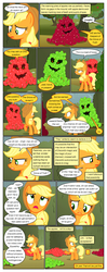 Size: 612x1553 | Tagged: safe, artist:newbiespud, edit, edited screencap, screencap, applejack, keepers of the grove of truth, earth pony, pony, comic:friendship is dragons, g4, the return of harmony, apple, apple monster, comic, dialogue, female, food, freckles, hat, hedge maze, implied discord, looking back, mare, raised hoof, screencap comic