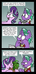 Size: 1299x2670 | Tagged: safe, artist:bobthedalek, firelight, phyllis, starlight glimmer, pony, unicorn, a horse shoe-in, g4, bait and switch, comic, daughters gonna daughter, disappointed, eyes closed, father and daughter, fathers gonna father, female, firelight is not amused, male, mare, newspaper, philodendron, plant, stallion, that pony sure does want grandfoals, this will not end in grandfoals, trolling, unamused