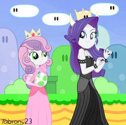 Size: 2056x2032 | Tagged: safe, artist:tabrony23, rarity, sweetie belle, equestria girls, g4, bare shoulders, bowsette, clothes, cosplay, costume, crossover, crown, cute, diasweetes, dress, duo, egg, female, high res, jewelry, mario, princess peach, raribetes, regalia, show accurate, siblings, sisters, sleeveless, smiling, strapless, super mario bros., toadette