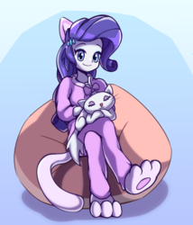 Size: 1200x1400 | Tagged: safe, artist:rockset, opalescence, rarity, cat, human, equestria girls, g4, cat ears, crossed legs, cute, duo, eyes closed, eyeshadow, feline, female, makeup, pet, raribetes, smiling