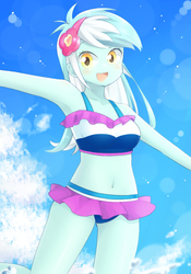 Size: 841x1200 | Tagged: safe, artist:kinona, lyra heartstrings, equestria girls, g4, adorasexy, armpits, attached skirt, belly button, bikini, blushing, breasts, busty lyra heartstrings, clothes, cute, female, frilled swimsuit, lens flare, lyra heartstrings swimsuit, lyrabetes, midriff, miniskirt, moe, open mouth, pixiv, sexy, skirt, sky, smiling, solo, swimsuit, thighs