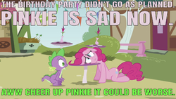 Size: 641x361 | Tagged: safe, edit, edited screencap, editor:undeadponysoldier, screencap, pinkie pie, spike, dragon, earth pony, pony, g4, too many pinkie pies, caption, female, head on table, image macro, male, mare, poor pinkie pie, sad, table, text