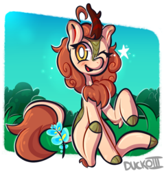 Size: 860x898 | Tagged: safe, artist:duckoiii, autumn blaze, kirin, g4, awwtumn blaze, cloven hooves, cute, female, flower, foal's breath, looking at you, one eye closed, quadrupedal, sitting, smiling, solo, white pupils, wink