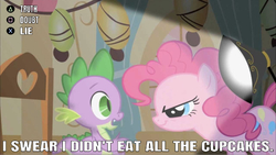 Size: 642x361 | Tagged: safe, edit, edited screencap, editor:undeadponysoldier, screencap, pinkie pie, spike, dragon, earth pony, pony, g4, party of one, caption, controls, doubt, female, image macro, interrogation, l.a. noire, lamp, lie, looking at each other, male, mare, playstation 3, press x to doubt, reference, text, truth, video game