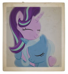 Size: 1200x1302 | Tagged: safe, artist:lightning stripe, artist:saphire systrine, starlight glimmer, trixie, pony, unicorn, g4, couple, cuddling, cute, diatrixes, duo, eyes closed, female, glimmerbetes, happy, hug, lesbian, mare, paper, ship:startrix, shipping, show accurate