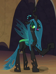 Size: 421x550 | Tagged: safe, screencap, queen chrysalis, changeling, changeling queen, frenemies (episode), g4, cropped, crown, female, jewelry, needs more jpeg, open mouth, raised hoof, regalia, solo