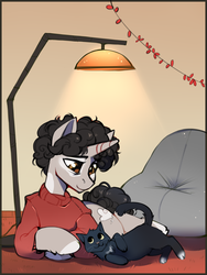 Size: 3000x4000 | Tagged: safe, artist:share dast, oc, oc:idle thoughts, cat, pony, unicorn, beanbag chair, clothes, lamp, tired