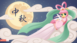 Size: 1920x1080 | Tagged: safe, artist:howxu, angel bunny, fluttershy, equestria girls, g4, clothes, cloud, cute, female, full moon, goddess, mid-autumn festival, moon, night, open mouth, shyabetes, sitting, sitting on a cloud, solo, stars