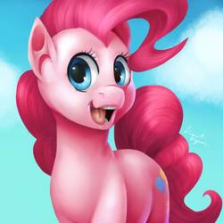 Size: 894x894 | Tagged: safe, artist:vividvapor, pinkie pie, earth pony, pony, g4, cloud, cute, diapinkes, female, looking at you, mare, open mouth, sky, solo