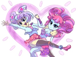 Size: 2224x1668 | Tagged: safe, artist:hananpacha, kiwi lollipop, supernova zap, equestria girls, equestria girls specials, g4, my little pony equestria girls: better together, my little pony equestria girls: sunset's backstage pass, boots, breasts, cleavage, clothes, duo, duo female, female, heart, k-lo, looking at you, miniskirt, postcrush, schrödinger's pantsu, shoes, skirt, skirt lift, socks, su-z, thigh highs, thighs, upskirt denied, zettai ryouiki