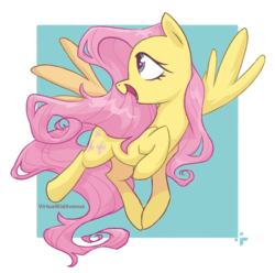 Size: 1280x1269 | Tagged: safe, artist:virtualkidavenue, fluttershy, pegasus, pony, g4, abstract background, cute, female, mare, open mouth, profile, shyabetes, solo, spread wings, wings