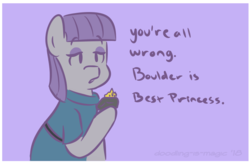 Size: 684x449 | Tagged: safe, artist:doodling-is-magic, boulder (g4), maud pie, earth pony, pony, g4, best princess, boulderbetes, crown, dialogue, female, jewelry, purple background, regalia, simple background, solo