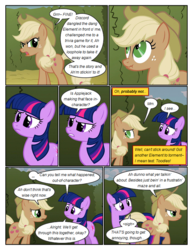 Size: 612x792 | Tagged: safe, artist:newbiespud, edit, edited screencap, screencap, applejack, twilight sparkle, earth pony, pony, comic:friendship is dragons, g4, the return of harmony, ..., angry, annoyed, comic, dialogue, discorded, earth pony twilight, female, frown, hat, hedge maze, implied discord, liarjack, mare, screencap comic, scrunchy face, suspicious