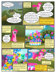 Size: 612x792 | Tagged: safe, artist:newbiespud, edit, edited screencap, screencap, pinkie pie, earth pony, pony, comic:friendship is dragons, g4, the return of harmony, balloon, comic, d:, dialogue, discorded, female, hedge maze, implied discord, mare, music notes, open mouth, pronking, screencap comic, wide eyes