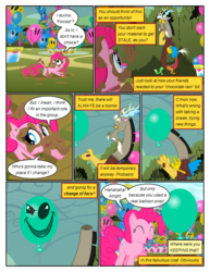 Size: 612x792 | Tagged: safe, artist:newbiespud, edit, edited screencap, screencap, discord, pinkie pie, earth pony, pony, comic:friendship is dragons, g4, the return of harmony, balloon, comic, dialogue, eyes closed, female, frown, headless, hedge maze, male, mare, mud, open mouth, pac-man eyes, sad, screencap comic, smiling, smirk