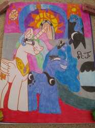 Size: 1072x1440 | Tagged: artist needed, source needed, useless source url, safe, princess celestia, princess luna, alicorn, pony, g4, sparkle's seven, banner, female, looking at each other, mare, scene interpretation, traditional art