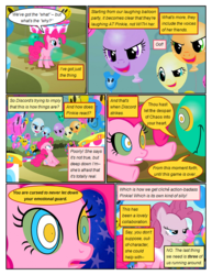 Size: 612x792 | Tagged: safe, artist:newbiespud, edit, edited screencap, screencap, pinkie pie, earth pony, pony, comic:friendship is dragons, g4, the return of harmony, balloon, comic, dialogue, discorded, female, hypno pie, hypnosis, implied discord, laughing, mare, mind control, open mouth, pac-man eyes, scared, screencap comic, swirly eyes