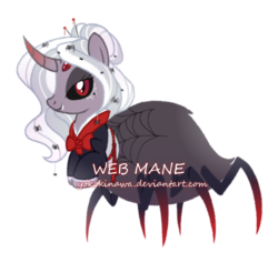 Size: 950x900 | Tagged: safe, artist:yokokinawa, monster pony, original species, spider, spiderpony, bun, clothes, curved horn, fangs, hanbok, horn, jorogumo, red eyes, simple background, spider web, white background