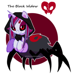Size: 1200x1200 | Tagged: safe, artist:yokokinawa, oc, oc only, black widow, monster pony, original species, spiderpony, black sclera, eyeshadow, female, hood, incorrect black widow marking placement, lidded eyes, lightly watermarked, looking at you, makeup, red eyes, simple background, smiling, smiling at you, solo, transparent background, watermark