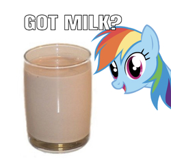Size: 598x567 | Tagged: safe, edit, editor:undeadponysoldier, rainbow dash, pegasus, pony, g4, chocolate, commercial, drink, female, food, glass, got milk, looking at you, mare, meme, reference, solo, talking to viewer, text