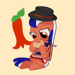 Size: 2000x1999 | Tagged: safe, artist:andromedasparkz, oc, oc only, earth pony, pony, chile, clothes, copihue, eating, empanada, female, flower, food, hat, mare, poncho, simple background, sitting, solo