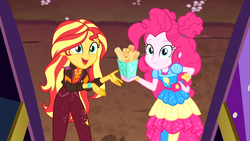 Size: 1920x1080 | Tagged: safe, screencap, pinkie pie, sunset shimmer, equestria girls, equestria girls specials, g4, my little pony equestria girls: better together, my little pony equestria girls: sunset's backstage pass, churros, duo, duo female, female, food, geode of sugar bombs, legs together, magical geodes, music festival outfit, smiling