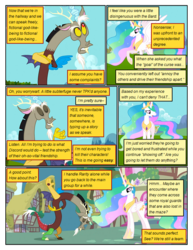 Size: 612x792 | Tagged: safe, artist:newbiespud, edit, edited screencap, screencap, discord, princess celestia, alicorn, draconequus, pony, comic:friendship is dragons, g4, the return of harmony, big crown thingy, bowing, comic, dialogue, ethereal mane, eyes closed, female, hoof shoes, jewelry, male, mare, peytral, raised hoof, regalia, screencap comic, smiling, worried