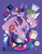 Size: 875x1125 | Tagged: safe, artist:justasuta, spike, twilight sparkle, alicorn, dragon, pony, g4, sparkle's seven, book, book of harmony, chest of harmony, claws, compass, crown, dragon wings, duo, fangs, female, friendship journal, hard-won helm of the sibling supreme, hooves, horn, jewelry, key, key of magic, lineless, mare, new crown, open mouth, purple background, quill, quill pen, regalia, scorpan's necklace, scroll, simple background, smiling, spread wings, twilight sparkle (alicorn), winged spike, wings