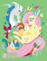 Size: 875x1125 | Tagged: safe, artist:justasuta, angel bunny, discord, fluttershy, bird, butterfly, draconequus, pegasus, pony, vampire fruit bat, g4, blushing, bowtie, cup, female, goggles, green background, healer's mask, hooves, key of kindness, leaf, lineless, mare, mask, music notes, simple background, smiling, teacup, wings