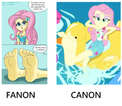 Size: 1484x1288 | Tagged: safe, artist:jfetishstuff, edit, screencap, fluttershy, equestria girls, g4, i'm on a yacht, my little pony equestria girls: better together, barefoot, bedroom eyes, canon, comparison, cute, fanon, fanon vs canon, feet, female, fetish, flutterfeet, foot fetish, foot focus, inflatable bird, inflatable duck, inflatable toy, inner tube, memes really do come true, pool toy, shyabetes, soles, speech bubble, toes, wiggling toes, wingding eyes