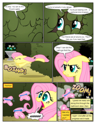 Size: 612x792 | Tagged: safe, artist:newbiespud, edit, edited screencap, screencap, fluttershy, butterfly, pegasus, pony, comic:friendship is dragons, g4, the return of harmony, comic, dialogue, dust, eyes closed, female, flower, frown, glare, hedge maze, hiding, jumping, mare, onomatopoeia, running, scared, screencap comic, sigh