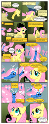 Size: 612x1552 | Tagged: safe, artist:newbiespud, edit, edited screencap, screencap, discord, butterfly, pegasus, pony, comic:friendship is dragons, g4, the return of harmony, comic, confused, dialogue, female, flower, flying, grin, hiding, mare, running, scared, screencap comic, smiling, smug