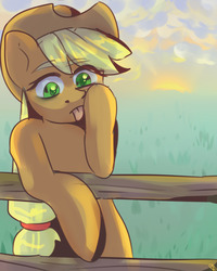 Size: 1280x1600 | Tagged: safe, artist:renka2802, applejack, earth pony, pony, g4, akanbe, bipedal, cloud, cute, eyebrows, eyebrows visible through hair, eyelid pull, female, fence, jackabetes, mare, solo, sunset, tongue out