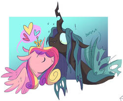 Size: 985x811 | Tagged: dead source, safe, artist:virtualkidavenue, princess cadance, queen chrysalis, alicorn, changeling, changeling queen, pony, g4, abstract background, alternate universe, buzzing wings, crown, exclamation point, eye clipping through hair, eyes closed, female, floppy ears, heart, infidelity, jewelry, lesbian, mare, missing accessory, nuzzling, quadrupedal, regalia, ship:cadalis, shipping, smiling, speech bubble, wavy mouth, wings