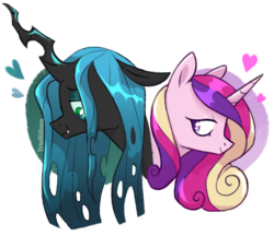 Size: 1280x1108 | Tagged: safe, artist:virtualkidavenue, princess cadance, queen chrysalis, changeling, changeling queen, pony, g4, bust, female, floppy ears, heart, infidelity, lesbian, lidded eyes, mare, missing accessory, quadrupedal, ship:cadalis, shipping, simple background, smiling, white background