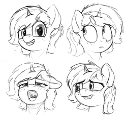 Size: 1046x993 | Tagged: safe, artist:zippysqrl, oc, oc only, oc:sign, pony, unicorn, :d, bust, expressions, female, freckles, grayscale, looking at you, monochrome, open mouth, sketch, smiling, solo