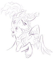 Size: 1280x1422 | Tagged: safe, artist:virtualkidavenue, twilight sparkle, oc, oc:harmony (heilos), alicorn, original species, pony, g4, cloven hooves, crying, eyes closed, female, floppy ears, flower, flower in hair, hug, mare, missing horn, ponified, sketch, smiling, solo, twilight sparkle (alicorn)