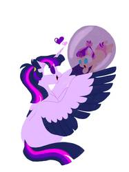 Size: 774x1033 | Tagged: safe, artist:doodletheexpoodle, twilight sparkle, oc, oc:daylight amethyst, alicorn, pony, g4, baby, baby pony, colored wings, duo, female, heart, magic bubble, mama twilight, missing cutie mark, mother and daughter, offspring, parent:sunburst, parent:twilight sparkle, parents:twiburst, simple background, twilight sparkle (alicorn), white background, wings