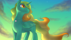 Size: 1024x581 | Tagged: safe, artist:vividvapor, oc, oc only, oc:morning star, alicorn, pony, alicorn oc, art trade, bell, female, freckles, from below, hair over one eye, jewelry, mare, necklace, solo, stars
