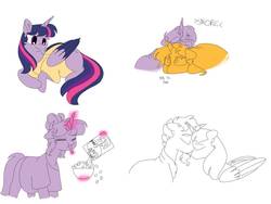 Size: 1032x774 | Tagged: safe, artist:doodletheexpoodle, sunburst, twilight sparkle, alicorn, pony, g4, cereal, cereal box, clothes, colored wings, colored wingtips, female, food, male, missing cutie mark, preglight sparkle, pregnancy cravings, pregnant, ship:twiburst, shipping, shirt, simple background, sleeping, snoring, straight, twilight sparkle (alicorn), white background