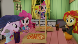 Size: 3840x2160 | Tagged: safe, artist:extremespeed slowpoke, pinkie pie, sunset shimmer, twilight sparkle, equestria girls, g4, 3d, blender, food, high res, magic, meat, pepperoni, pepperoni pizza, pizza, self ponidox, telekinesis