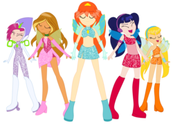 Size: 3536x2544 | Tagged: safe, artist:yaya54320, artist:yaya54320bases, fairy, equestria girls, g4, bare shoulders, barely eqg related, base used, bloom (winx club), boots, clothes, convergence, crossover, dress, equestria girls style, equestria girls-ified, fairies, fairies are magic, fairy wings, fingerless gloves, flora (winx club), gloves, headphones, high heel boots, high heels, high res, magic winx, midriff, miniskirt, musa, pink dress, pink shoes, rainbow s.r.l, red dress, red shoes, shoes, side slit, skirt, sparkly, stella (winx club), strapless, tecna, transformation, wings, winx, winx club