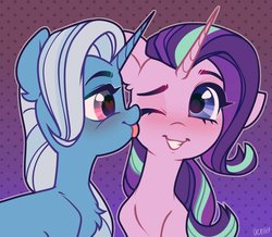 Size: 1452x1269 | Tagged: safe, artist:vensual99, starlight glimmer, trixie, pony, unicorn, rcf community, g4, abstract background, blushing, chest fluff, cute, duo, duo female, female, heart eyes, lesbian, licking, mare, one eye closed, ship:startrix, shipping, smiling, tongue out, wingding eyes