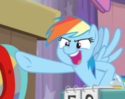Size: 473x375 | Tagged: safe, edit, screencap, rainbow dash, pegasus, pony, a trivial pursuit, g4, cropped, female, mare, open mouth, pointing, reaction image, solo