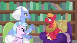 Size: 1920x1080 | Tagged: safe, screencap, big macintosh, silverstream, sky beak, classical hippogriff, hippogriff, pony, a horse shoe-in, g4, bookshelf, couch, father and daughter, female, male, stallion