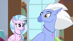 Size: 1920x1080 | Tagged: safe, screencap, silverstream, sky beak, classical hippogriff, hippogriff, a horse shoe-in, g4, bookshelf, father and daughter, female, male