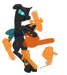 Size: 512x576 | Tagged: artist needed, safe, changeling, chainsaw, drawthread, lego, misunderstanding, orange transparent chainsaws