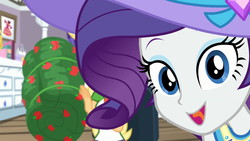 Size: 1920x1080 | Tagged: safe, screencap, applejack, rarity, camping must-haves, equestria girls, g4, my little pony equestria girls: better together, close-up, cute, dresser, extreme close-up, female, happy, hat, looking at you, open mouth, photobomb, raribetes, rarity's bedroom, sleeping bag, smiling