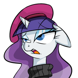 Size: 671x670 | Tagged: safe, artist:ask-mademoiselle-rarity, edit, rarity, pony, unicorn, ask mademoiselle rarity, g4, sweet and elite, beatnik rarity, beret, clothes, female, floppy ears, frown, hat, lidded eyes, rarity is not amused, sassy, simple background, solo, sweater, textless version, unamused, white background