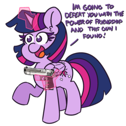 Size: 1500x1500 | Tagged: safe, artist:threetwotwo32232, twilight sparkle, alicorn, pony, g4, and this gun i found, colored eyelashes, desert eagle, ear fluff, female, glowing, glowing horn, gun, hand, handgun, horn, magic, magic hands, mare, no pupils, pistol, simple background, solo, telekinesis, transparent background, trigger discipline, twilight sparkle (alicorn), weapon